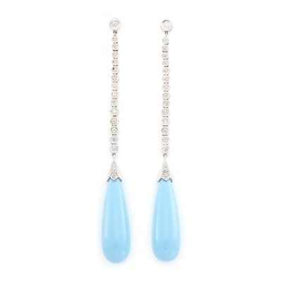 Lot 1659 - Pair of White Gold, Reconstituted Turquoise and Diamond Pendant-Earrings