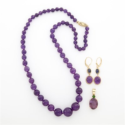 Lot 1973 - Gold, Amethyst and Gem-Set Pendant, Pair of Earrings and Bead Necklace