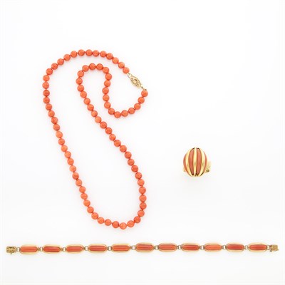 Lot 1723 - Gold and Coral Necklace, Bracelet and Ring