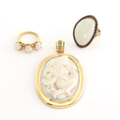 Lot 1882 - Gold, Silver, Opal, Diamond and Gem-Set Pendant and Two Rings