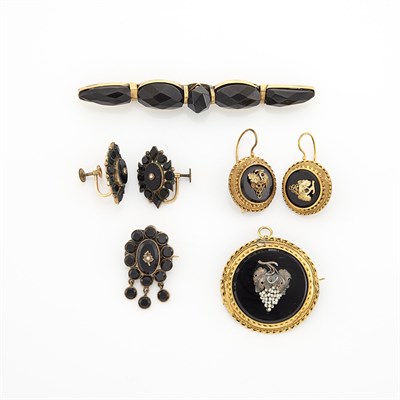 Lot 1325 - Three Antique Gold, Metal and Black Onyx Pins and Two Pairs of Earrings
