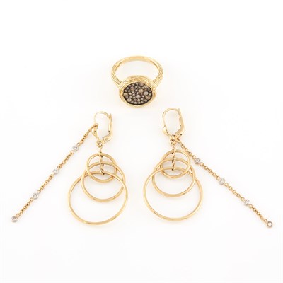 Lot 2043 - Two-Color Gold, Colored Diamond and Diamond Ring and Pair of Hoop Earrings