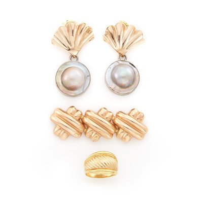 Lot 1497 - Gold, Silver and Mabé Pearl Brooch, Ring and Pair of Earrings