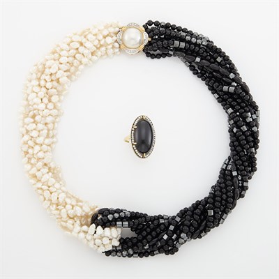 Lot 1314 - Multistrand Black Onyx, Freshwater Cultured Pearl, Two-Color Gold, Mabé Pearl and Diamond Torsade Necklace and Ring