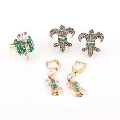 Lot 1954 - Silver, Gold, Diamond, Emerald and Gem-Set Ring and Two Pairs of Earrings