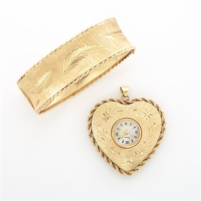 Lot 1466 - Gold and Mother-of-Pearl Heart Pendant-Watch and Gold Bangle Bracelet