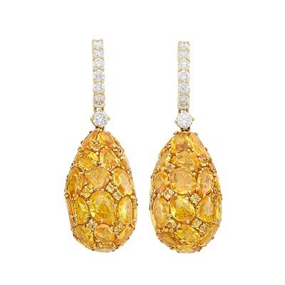 Lot 40 - Pair of Gold, Yellow Sapphire and Diamond Pendant-Earrings
