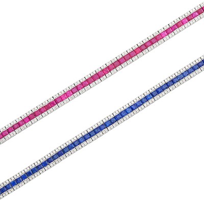 Lot 221 - Pair of White Gold, Ruby, Sapphire and Diamond Straightline Bracelets
