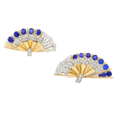 Lot 184 - Pair of Gold, Platinum, Sapphire and Diamond Brooches