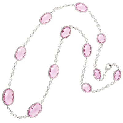 Lot 58 - Long White Gold, Kunzite and Diamond Chain Necklace