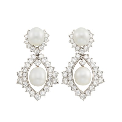 Lot 156 - Pair of White Gold, South Sea Cultured Pearl and Diamond Pendant-Earclips, Emis