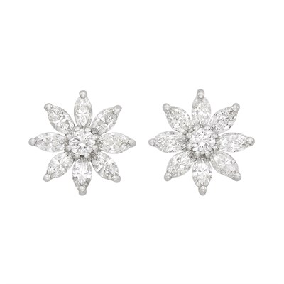 Lot 496 - Pair of Platinum and Diamond Flower Earrings