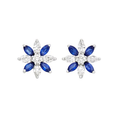 Lot 226 - Pair of Platinum, Sapphire and Diamond Flower Earrings