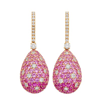 Lot 777 - Pair of Rose Gold, Pink Sapphire and Diamond Pendant-Earrings