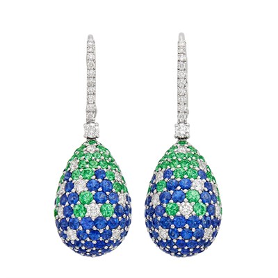 Lot 248 - Pair of White Gold, Sapphire, Tsavorite Garnet and Diamond Pendant-Earrings