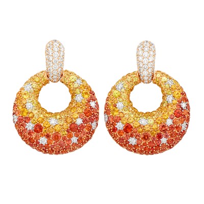 Lot 372 - Pair of Rose Gold, Yellow and Orange Sapphire and Diamond Hoop Pendant-Earrings