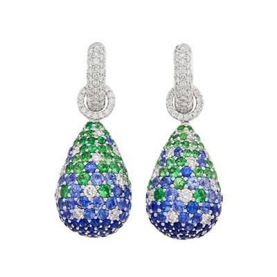 Lot 228 - Pair of White Gold, Sapphire, Tsavorite Garnet and Diamond Pendant-Earrings