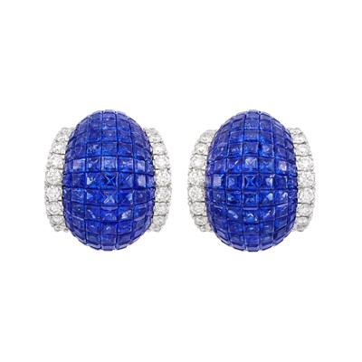 Lot 222 - Pair of White Gold, Sapphire and Diamond Bombé Earrings