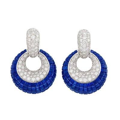 Lot 310 - Pair of White Gold, Invisibly-Set Sapphire and Diamond Pendant-Earrings