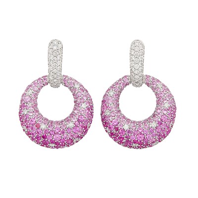 Lot 230 - Pair of White Gold, Pink Sapphire and Diamond Hoop Pendant-Earrings