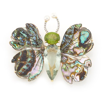 Lot 1974 - Gold, Mother-of-Pearl, Peridot, Green Quartz, Cultured Pearl and Diamond Butterfly Clip-Brooch