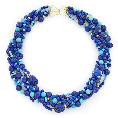 Lot 1660 - Six Strand Lapis, Turquoise, and Gold Bead Torsade Necklace with Gold Clasp