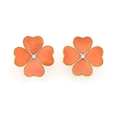 Lot 1134 - Pair of Gold, Coral and Diamond Flower Earclips