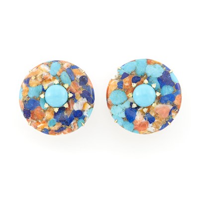 Lot 1543 - Pair of Gold, Reconstituted Turquoise, Light Yellow Diamond and Conglomerate Earclips