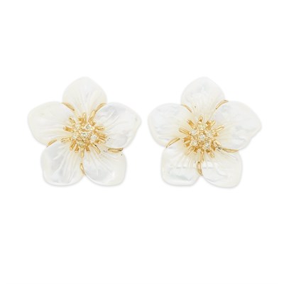 Lot 1129 - Pair of Gold, Mother-of-Pearl and Diamond Flower Earclips