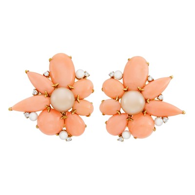 Lot 87 - Pair of Gold, Coral, Cultured Pearl and Diamond Flower Earclips