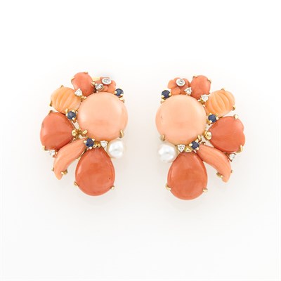 Lot 1541 - Pair of Gold, Coral, Carved Coral, Cultured Pearl, Sapphire and Diamond Earclips