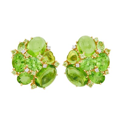 Lot 427 - Pair of Gold, Peridot and Diamond Cluster Earclips