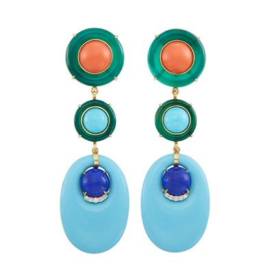 Lot 133 - Pair of Gold, Green Onyx, Coral, Turquoise, Lapis and Diamond Pendant-Earclips