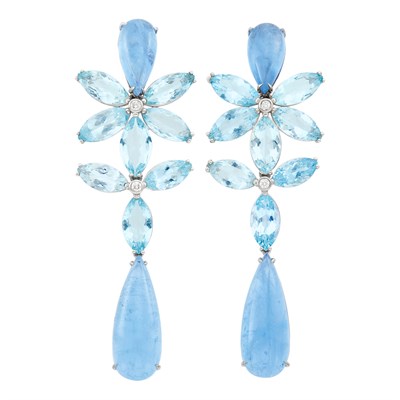 Lot 213 - Pair of White Gold, Aquamarine and Diamond Pendant-Earrings