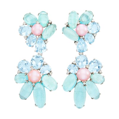 Lot 205 - Pair of White Gold, Cabochon Aquamarine, Freshwater Pearl and Diamond Pendant-Earclips