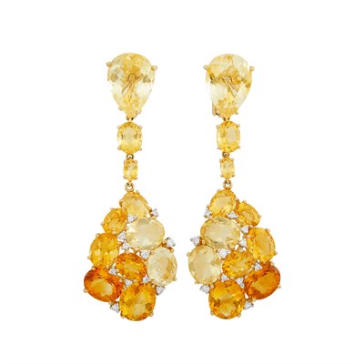 Lot 38 - Pair of Gold, Citrine and Diamond Pendant-Earclips