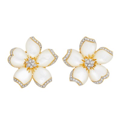 Lot 718 - Pair of Gold, Mother-of-Pearl and Diamond Flower Earclips