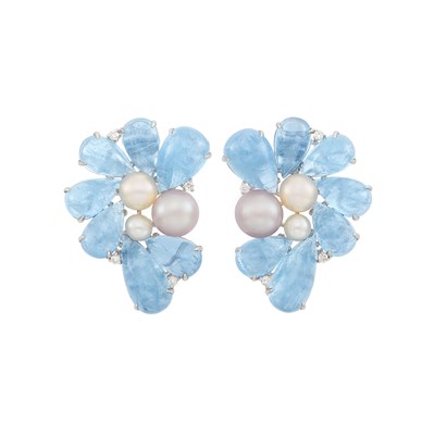 Lot 66 - Pair of White Gold, Cabochon Aquamarine, Freshwater Pearl and Diamond Cluster Earclips