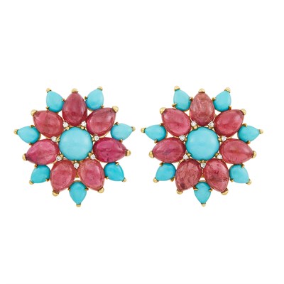 Lot 235 - Pair of Gold, Turquoise, Cabochon Pink Tourmaline and Diamond Flower Earclips