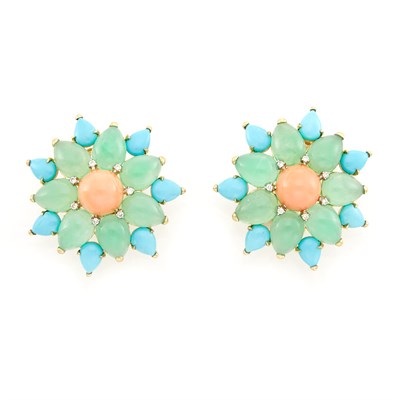 Lot 1103 - Pair of Gold, Coral, Green Chrysoprase, Reconstituted Turquoise and Diamond Earclips