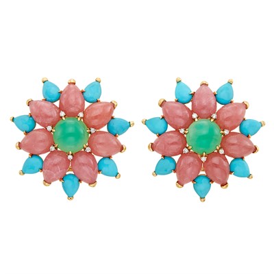 Lot 708 - Pair of Gold, Green Chrysoprase, Rhodochrosite, Turquoise and Diamond Flower Earclips