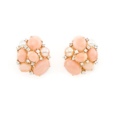 Lot 2063 - Pair of Gold, Coral, Freshwater Pearl and Diamond Earclips