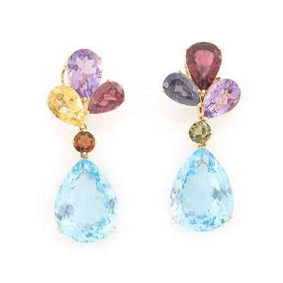 Lot 1172 - Pair of Gold and Multicolored Stone Pendant-Earclips
