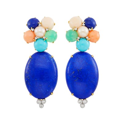 Lot 134 - Pair of Gold, Lapis, Coral, Turquoise, Green Chrysoprase, Freshwater Pearl and Diamond Pendant-Earclips
