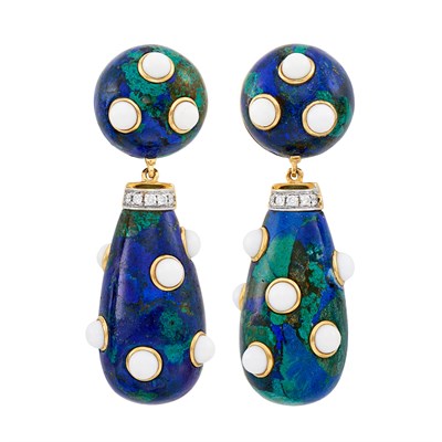 Lot 27 - Pair of Gold, Azurmalachite, White Agate and Diamond Pendant-Earclips