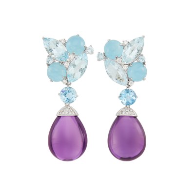 Lot 65 - Pair of White Gold, Aquamarine, Amethyst and Diamond Pendant-Earclips