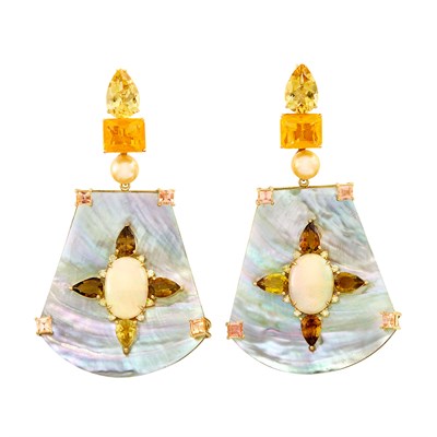 Lot 39 - Pair of Gold, Mother-of-Pearl, Colored Stone, Golden Cultured Pearl and Diamond Pendant-Earclips