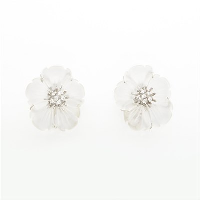 Lot 1803 - Pair of White Gold, Carved Rock Crystal and Diamond Flower Earclips