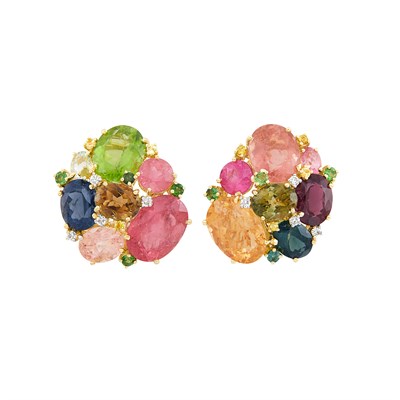 Lot 416 - Pair of Gold, Gem-Set and Diamond Cluster Earclips