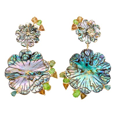 Lot 771 - Pair of Gold, Carved Abalone Shell, Tourmaline, Peridot and Diamond Pendant-Earclips